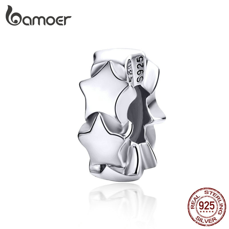 BAMOER Stoppers Charms with Silicone Sterling Silver Stars Beads for Women Jewelry Making Charm Bracelet for Girl SCC1169