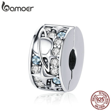 BAMOER Authentic 925 Sterling Silver Star Moon Planet Beads Clip Charms Fit Charm Bracelet Necklaces DIY Jewelry Making SCC985