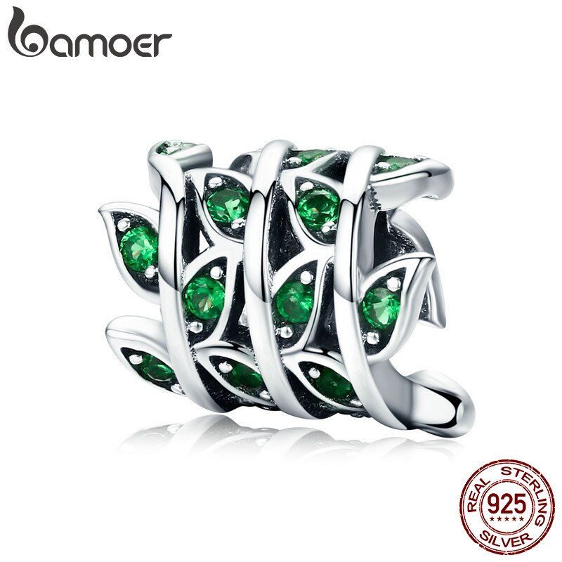 BAMOER 100% 925 Sterling Silver Tree of Life Green Tree Leaves Beads fit Women Bracelet & Necklaces DIY Jewelry Making SCC567