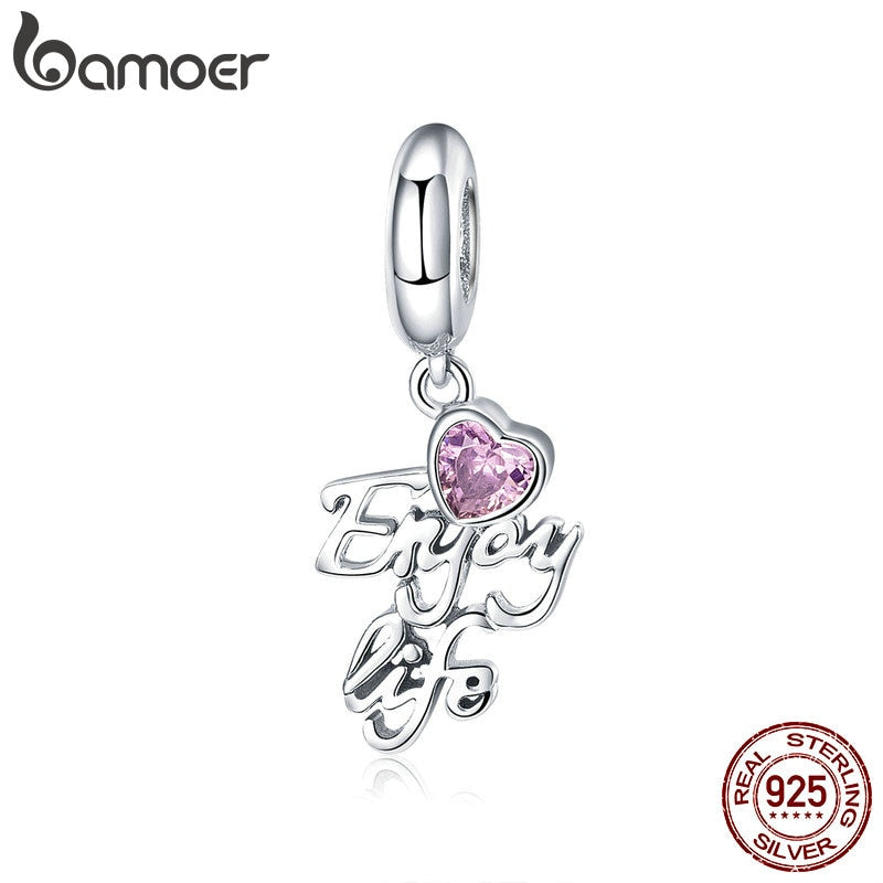 BAMOER Genuine 925 Sterling Silver Enjoying life Letter Pink Heart Pendant Charm fit Bracelets Bangles DIY Jewelry Making SCC907