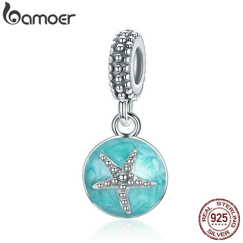 BAMOER Summer Collection 925 Sterling Silver Clear CZ Starfish & Sea Green Enamel Pendant Charm fit Bracelet Jewelry S925 SCC136