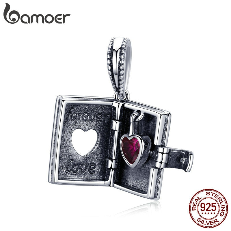 BAMOER 925 Sterling Silver Forever Love Box Pendant Heart Book Shape Charms Fit Charm Bracelets & Necklace Silver Jewelry SCC980