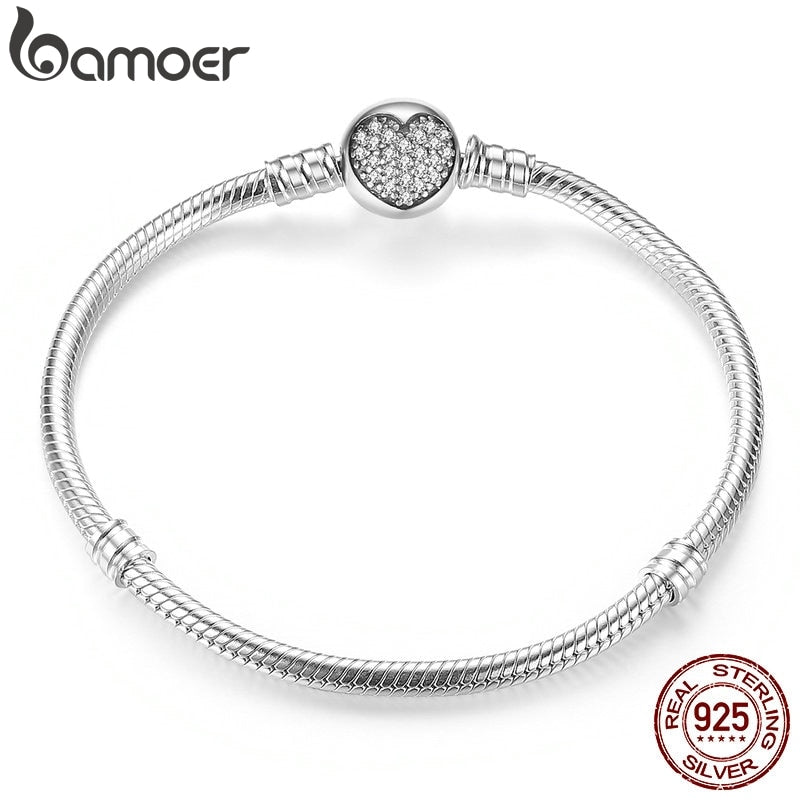 BAMOER Authentic 100% 925 Sterling Silver Classic Snake Chain Bangle & Bracelet for Women Sterling Silver Jewelry PAS916