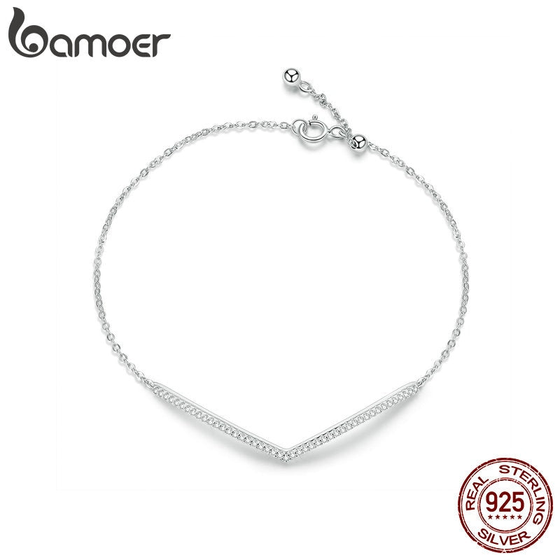 bamoer V Shape Geometric Silver Bracelet Dazzling Clear CZ Chain Bracelets for Women 925 Sterling Silver Wedding Jewelry SCB137