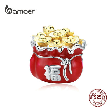 bamoer Lucky Symbol Red Bag Metal Beads for Women Jewelry Making 925 Sterling Silver Enamel Charm fit Original Bracelet BSC100