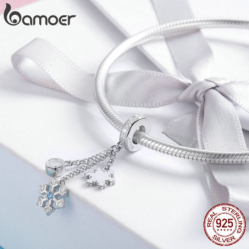 BAMOER Authentic 925 Sterling Silver Christmas Snowflake Clear CZ Charms Fit Women Charm Bracelets Bangles Jewelry Gift SCC1020