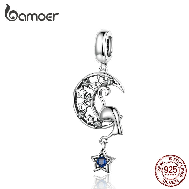 BAMOER 2019 New Vintage Moon and Star Cat Pendant Charm fit for Bracelet Necklace 925 Sterling Silver Fine Jewelry SCC1205