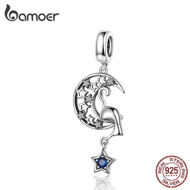 BAMOER 2019 New Vintage Moon and Star Cat Pendant Charm fit for Bracelet Necklace 925 Sterling Silver Fine Jewelry SCC1205