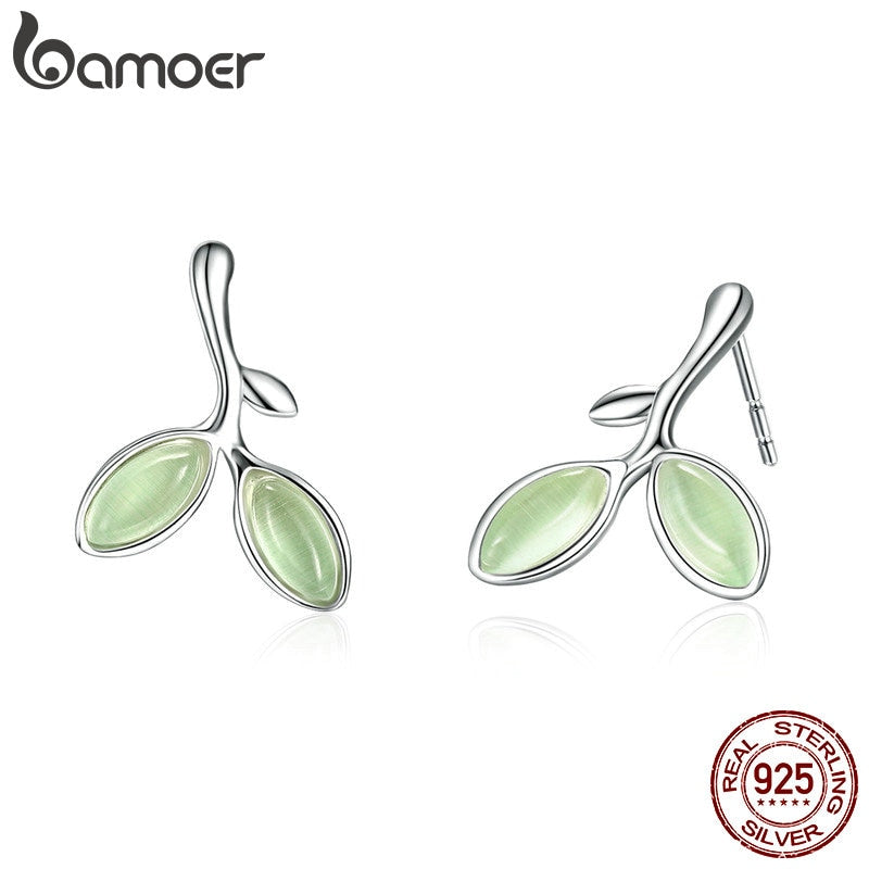 BAMOER Real 925 Sterling Silver Hope Leaves Tree Green Buds Small Stud Earrings for Women Authentic Silver Jewelry SCE465