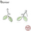 BAMOER Real 925 Sterling Silver Hope Leaves Tree Green Buds Small Stud Earrings for Women Authentic Silver Jewelry SCE465