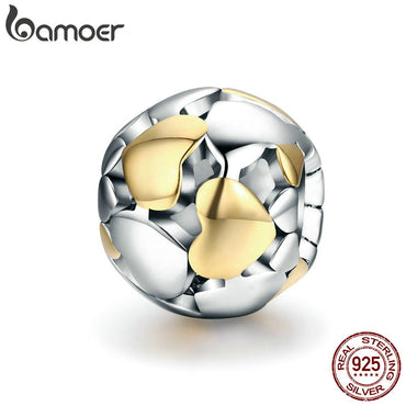 BAMOER 100% 925 Sterling Silver Luminous Heart & Gold Heart Charms Beads fit Charm Bracelet Valentine Day Gift S925 SCC537