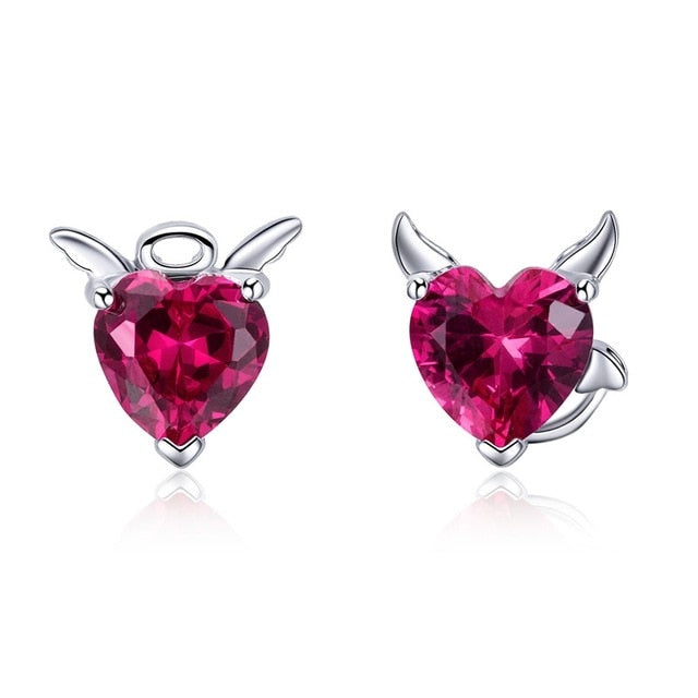 BAMOER Fashion 925 Sterling Silver Angel And Devil Pink CZ Heart Stud Earrings for Women Sterling Silver Jewelry 2018 SCE414