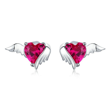 BAMOER Fashion 925 Sterling Silver Angel And Devil Pink CZ Heart Stud Earrings for Women Sterling Silver Jewelry 2018 SCE414