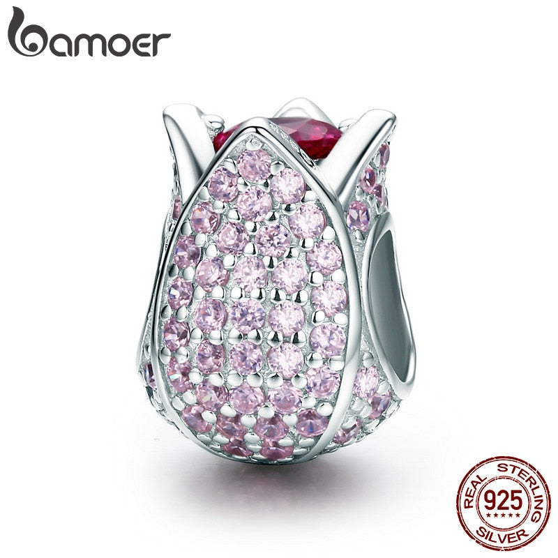 BAMOER Romantic 925 Sterling Silver Tulip Flower Petals Pink CZ Beads fit Women Bracelet & Necklaces DIY Jewelry Making SCC569