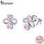 BAMOER Real 925 Sterling Silver Infinite Love Pink  Heart Clover Small Stud Earrings for Women Authentic Silver Jewelry SCE455