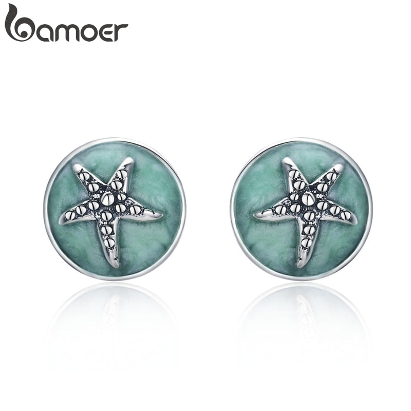 BAMOER 100% 925 Sterling Silver Fantasy Starfish Round Small Stud Earrings for Women Clear CZ Fashion Earrings Jewelry SCE205