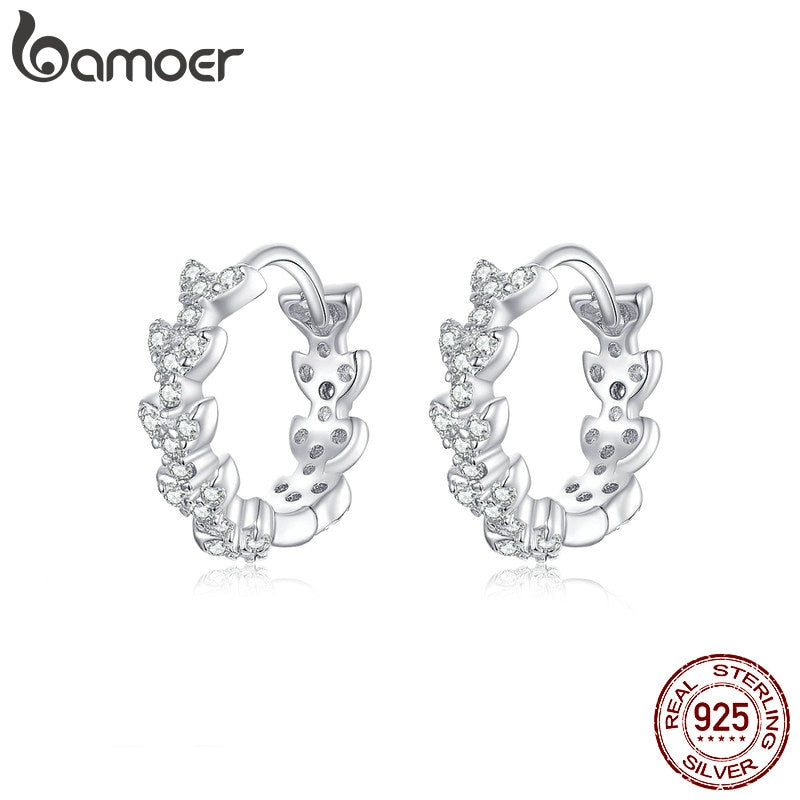 bamoer Dazzling Hoop Earrings for Women Cubic Zirconia Leaf Round Ear Hoops 925 Sterling Silver Fashion Jewelry Bijoux BSE150