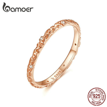 BAMOER Vintage Ring 925 Sterling Silver Flower Pattern Finger Rings for Women European Rose Gold Color Fashion Jewelry SCR514