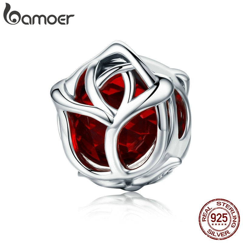 BAMOER Romantic 100% 925 Sterling Silver Rose Flower, Red Crystal Charm Beads fit Women Charm Bracelet DIY Jewelry Making SCC568