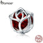 BAMOER Romantic 100% 925 Sterling Silver Rose Flower, Red Crystal Charm Beads fit Women Charm Bracelet DIY Jewelry Making SCC568