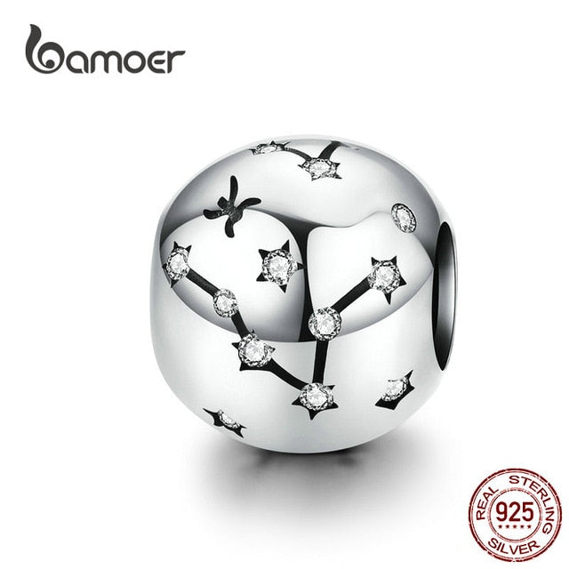 BAMOER 12 Constellation Zodiac Round Metal Beads for Women Bracelet Shining CZ Charm fit Original Silver 925 Bangle SCC1218