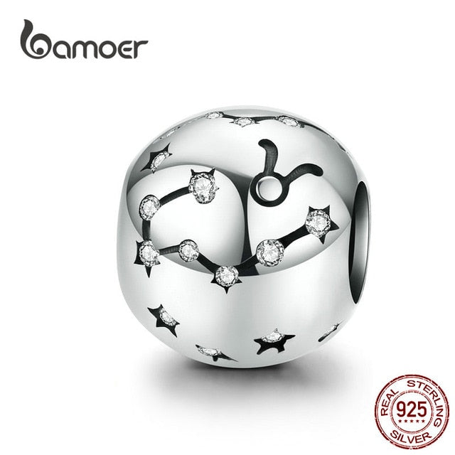 BAMOER 12 Constellation Zodiac Round Metal Beads for Women Bracelet Shining CZ Charm fit Original Silver 925 Bangle SCC1218