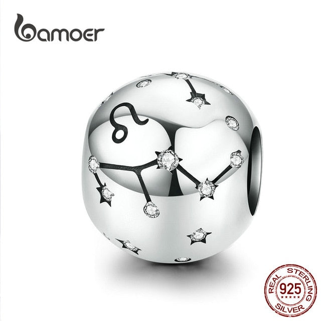 BAMOER 12 Constellation Zodiac Round Metal Beads for Women Bracelet Shining CZ Charm fit Original Silver 925 Bangle SCC1218