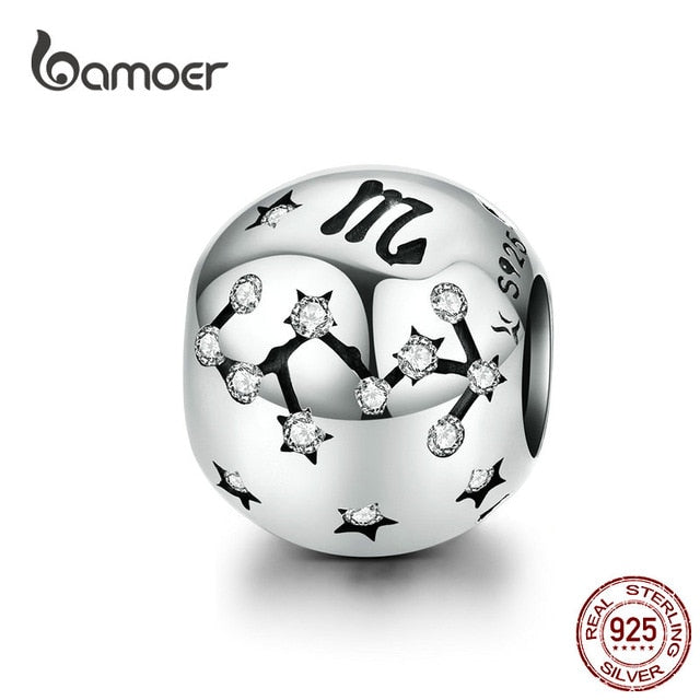 BAMOER 12 Constellation Zodiac Round Metal Beads for Women Bracelet Shining CZ Charm fit Original Silver 925 Bangle SCC1218