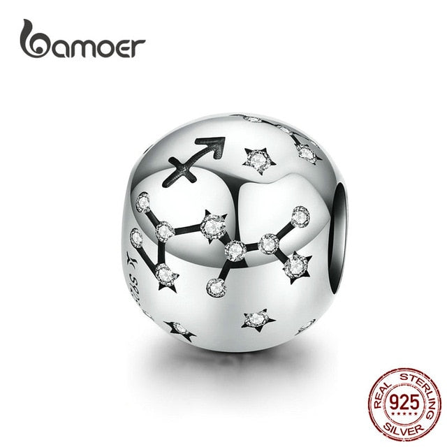 BAMOER 12 Constellation Zodiac Round Metal Beads for Women Bracelet Shining CZ Charm fit Original Silver 925 Bangle SCC1218