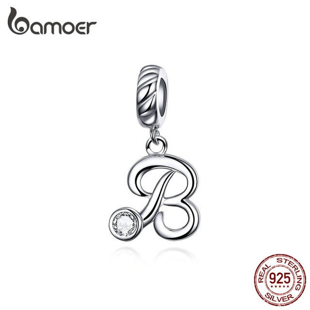 BAMOER 26 Letters alphabet Pendant 925 Sterling Silver Handwritten Language Pendants Charm for Bracelets and Necklace SCC1183