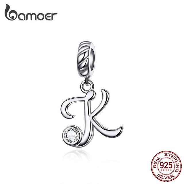 BAMOER 26 Letters alphabet Pendant 925 Sterling Silver Handwritten Language Pendants Charm for Bracelets and Necklace SCC1183
