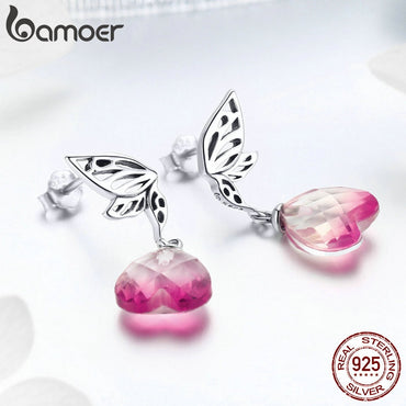 BAMOER New Arrival 925 Sterling Silver Hope Wings Pink Crystal Heart Drop Earrings for Women Wedding Engagement Jewelry GAE015