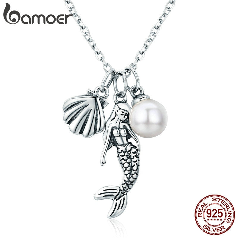 BAMOER 100% 925 Sterling Silver Romantic Mermaid-Legend Shell Pendant Necklaces for Women Sterling Silver Jewelry Gift SCN237