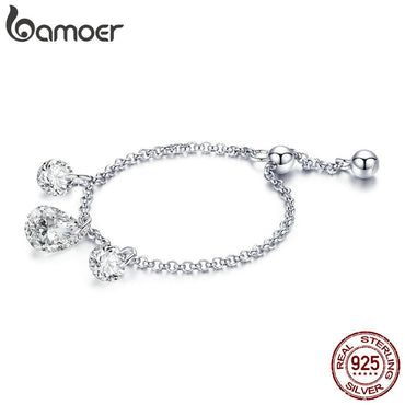 BAMOER 100% 925 Sterling Silver Luminous Cubic Zircon Chain Finger Rings for Women Wedding Jewelry SCR485