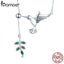 BAMOER Authentic 925 Sterling Silver Spring Bird & Tree Leaf Leaves Dangle Pendant Necklace for Women Silver Jewelry SCN217