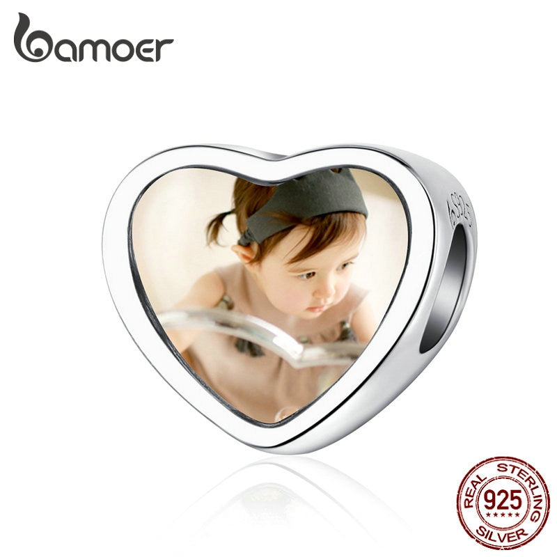 bamoer Customized DIY Heart Beads Custom Photo Charm for Bracelet & Bangle 925 Sterling Silver Jewelry Unique Gift BSC103