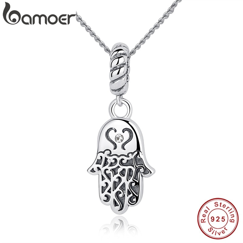 BAMOER New 925 Sterling Silver Lucky Hamsa Pendant Necklace Women Fine Jewelry Birthday Gift CC031