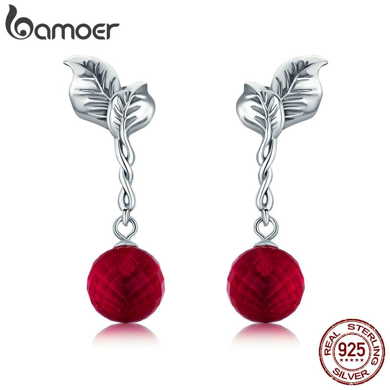 BAMOER Summer Collection 100% 925 Sterling Silver Summer Fruit Red Crystal Drop Earrings for Women Fine Silver Jewelry SCE356