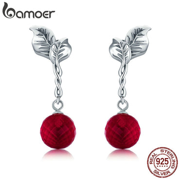 BAMOER Summer Collection 100% 925 Sterling Silver Summer Fruit Red Crystal Drop Earrings for Women Fine Silver Jewelry SCE356