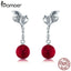 BAMOER Summer Collection 100% 925 Sterling Silver Summer Fruit Red Crystal Drop Earrings for Women Fine Silver Jewelry SCE356