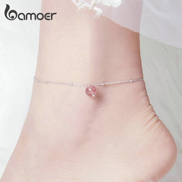 bamoer Round Bead Silver Bracelet for Leg 925 Sterling Silver Anklets for Women Natural Crystal Stone Fashion Jewelry  SCT012