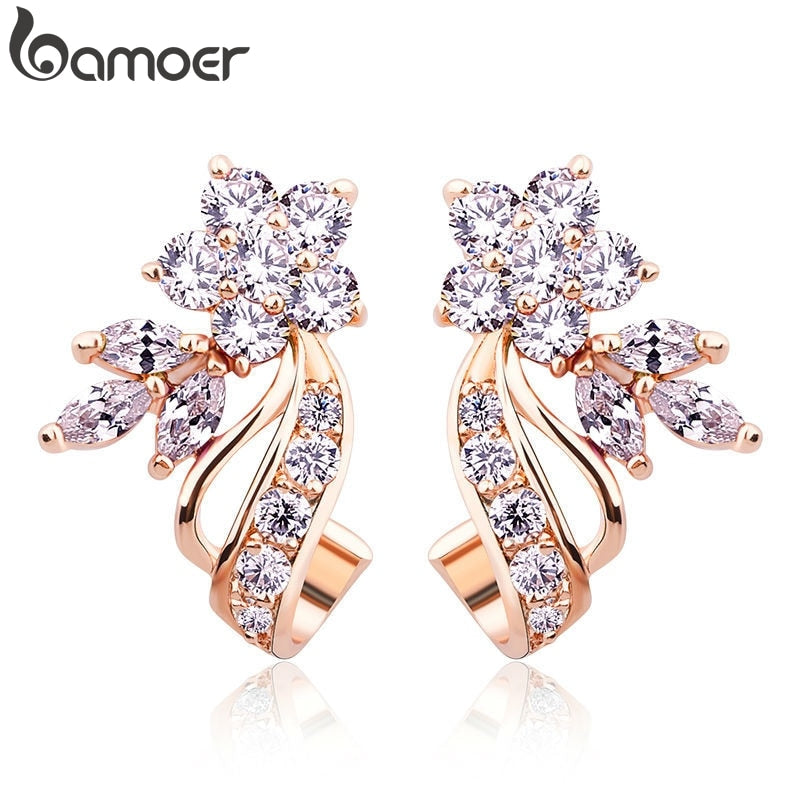 BAMOER Gold Color Stud Earrings with Flower Shape White/Multicolor AAA Zircon For Women Trend Jewelry JIE043