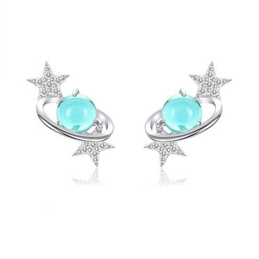 bamoer Sea Blue Clear CZ Stud Earrings for Women 925 Sterling Silver Earring Wave Starfish Round Planet Star Jewelry Earring