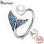 BAMOER Authentic 925 Sterling Silver Adjustable Dolphin Tail Blue CZ Finger Rings for Women Sterling Silver Jewelry Gift SCR286