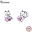 BAMOER New Arrival 925 Sterling Silver Cat Pussy Pink Cubic Zircon Small Stud Earrings for Women Fashion Silver Jewelry SCE453