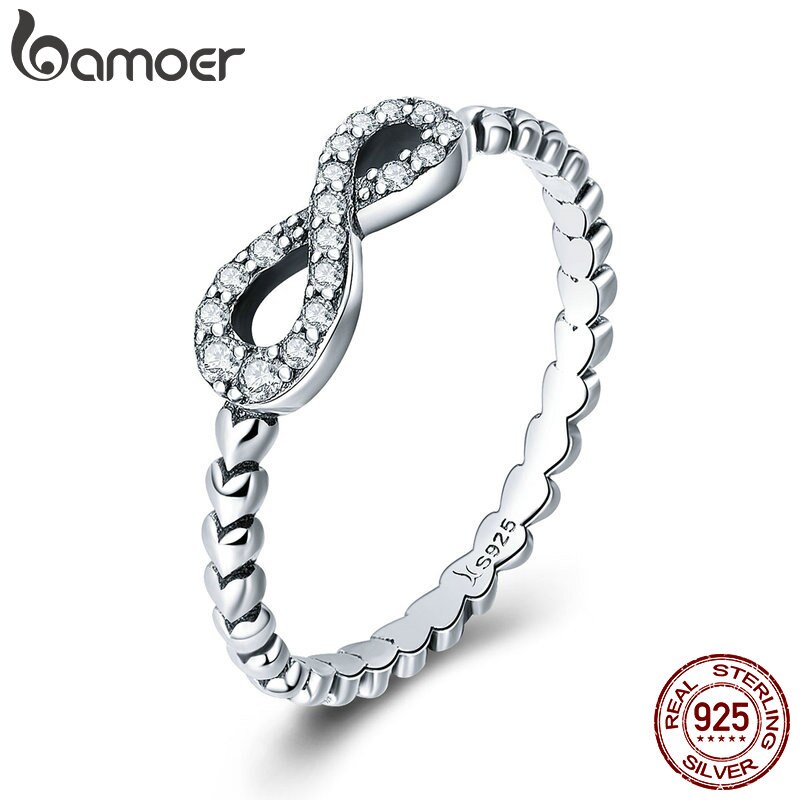 BAMOER Romantic 925 Sterling Silver Infinity Love Forever Heart Clear CZ Finger Ring for Women Sterling Silver Jewelry SCR414