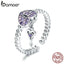 BAMOER Genuine 925 Sterling Silver Love Heart Key Purple CZ Finger Rings for Women Wedding Engagement Jewelry Anel SCR486