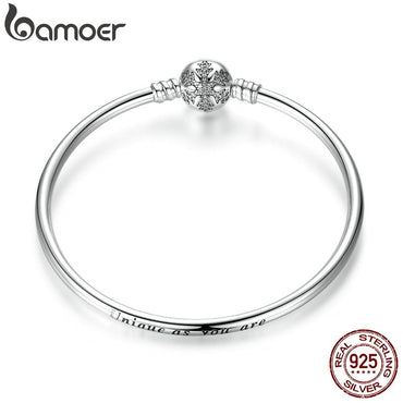 BAMOER Authentic 925 Sterling Silver Engrave Snowflake Clasp Unique as you are Snake Chain Bracelet & Bangle DIY Jewelry PAS915