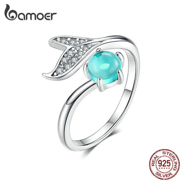 BAMOER Mermaid Ring 925 Sterling Silver Blue Ocean Stone Tear Fish Tail Rings for Women Open Ajudstale Ring Jewelry SCR515