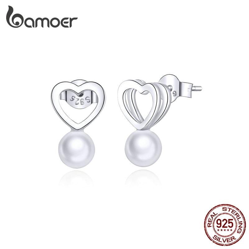 bamoer 925 Sterling Silver Shell Pearl Heart Stud Earring for Women Minimalist Simple Design Fashion Jewelry Bijoux SCE869